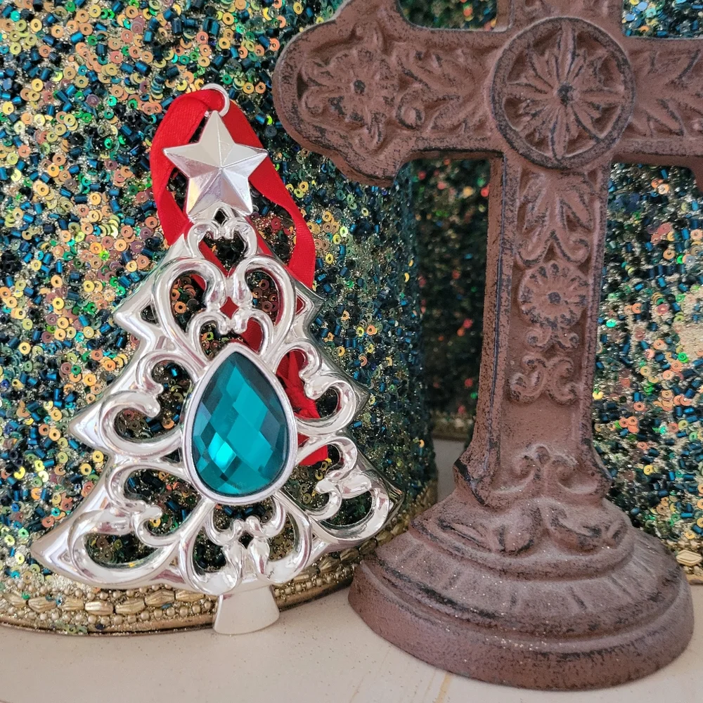 Lenox Silver-tone Christmas Tree Ornament ~ Teal Embellishment ~ GUC ~ Pretty!